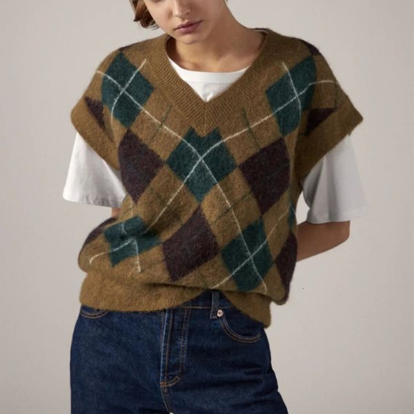 women's sweaters vintage brown argyle sweater vest for women v neck sleeveless loose casual knitwear waistcoat autumn winter, White;black
women's sweaters vintage brown argyle sweater vest for women v neck sleeveless loose casual knitwear waistcoat autumn winter, White;black