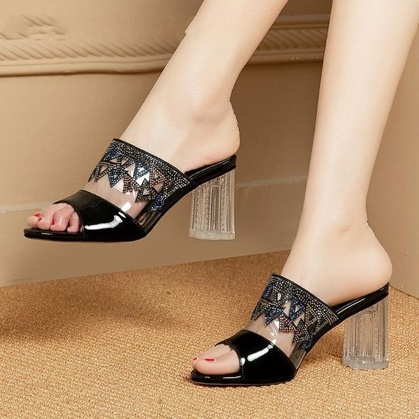 summer shoes women slippers natural cow leather chunky high heel transparent rhinestone slides lady sandals 34-39, Black
summer shoes women slippers natural cow leather chunky high heel transparent rhinestone slides lady sandals 34-39, Black