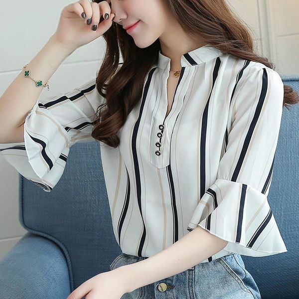 women's blouses & shirts summer women blouse striped chiffon v-neck short sleeve femme plus size, White
women's blouses & shirts summer women blouse striped chiffon v-neck short sleeve femme plus size, White