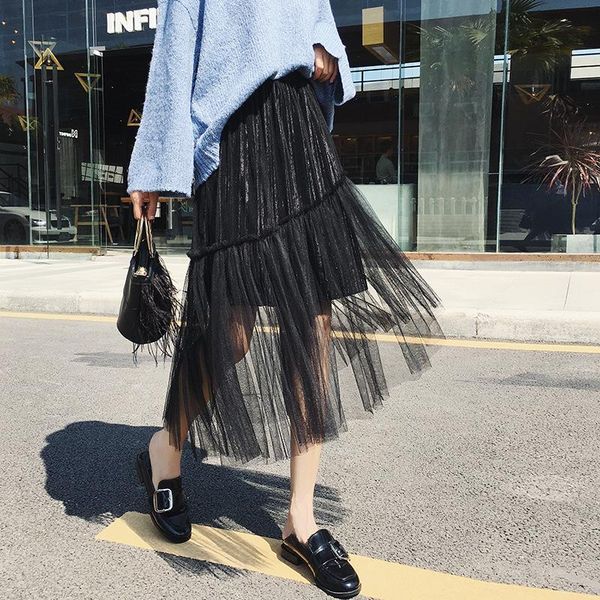 skirts summer autumn pleuche mesh skirt women perspective high waist gauze pleated female fashion irregular long, Black