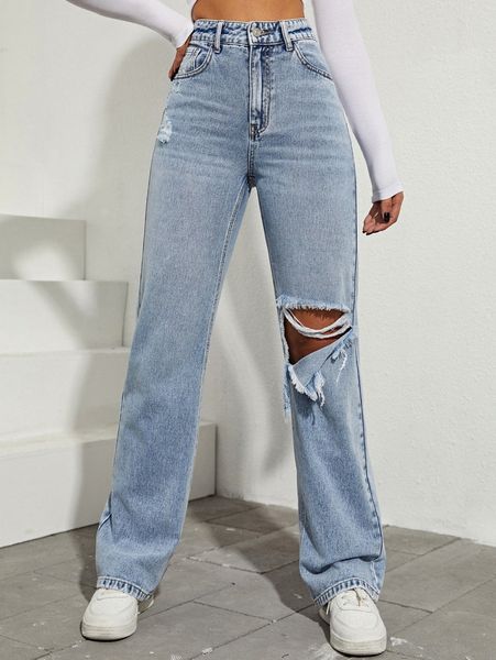 high waist ripped boyfriend jeans e4c8#, Blue