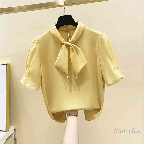 blouses bow tie lace-up pullover beaded chiffon blouse short sleeve loose shirt female summer clothing all-match top, White
blouses bow tie lace-up pullover beaded chiffon blouse short sleeve loose shirt female summer clothing all-match top, White