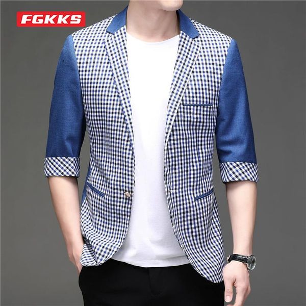 men's suits & blazers fgkks summer casual blazer men korean style half sleeved thin suit plaid stitching business slim fit man, White;black
men's suits & blazers fgkks summer casual blazer men korean style half sleeved thin suit plaid stitching business slim fit man, White;black