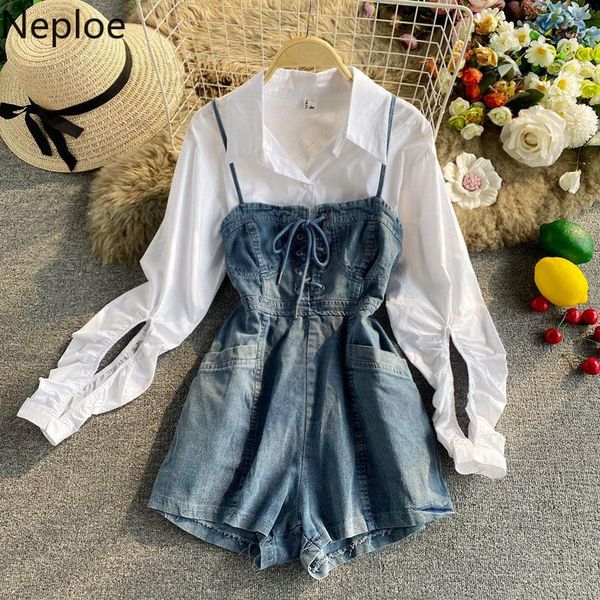 women's tracksuits neploe 2piece set women high waist bandage sling demin shorts overalls + long sleeve turn down collar blouse autumn, Gray
women's tracksuits neploe 2piece set women high waist bandage sling demin shorts overalls + long sleeve turn down collar blouse autumn, Gray