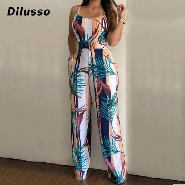 women sleeveless leaf print jumpsuit casual clubwear wide leg playsuit pockets loose fashion bohemia jumpsuit#d3 women's jumpsuits & ro, Black;white