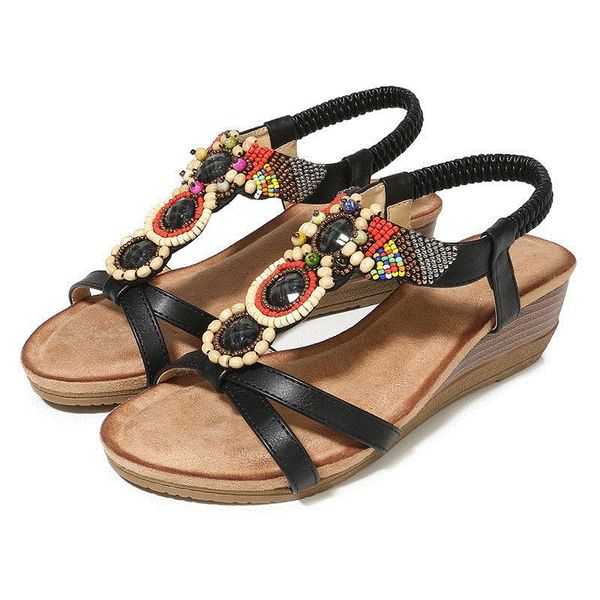 sandals ladies 2021 summer bohemian women's beaded low top, Black
