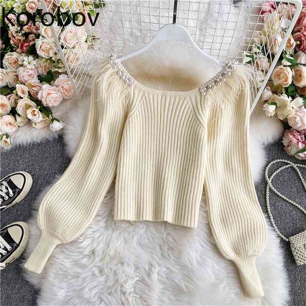 korobov korean square collar puff sleeve office lady women sweaters vintage solid pearls feather sueter mujer elegant pullovers 210430, White;black
korobov korean square collar puff sleeve office lady women sweaters vintage solid pearls feather sueter mujer elegant pullovers 210430, White;black