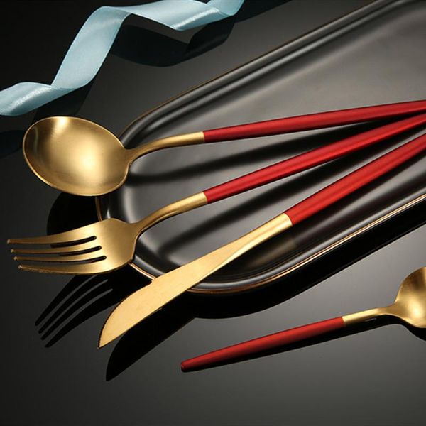 4pcs/set dinnerware set steak knife fork spoon coffee stainless steel tableware red gold cutlery dinner service sets