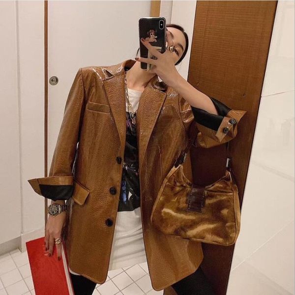 women's leather & faux fashion glossy bright pu jackets female retro loose style crocodile pattern design motor coat f812, Black
women's leather & faux fashion glossy bright pu jackets female retro loose style crocodile pattern design motor coat f812, Black