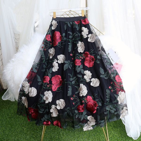 skirts embroidered gauze spring and summer elegant atmosphere women's big swing skirt a-line simple rose yarn 89gn, Black 
skirts embroidered gauze spring and summer elegant atmosphere women's big swing skirt a-line simple rose yarn 89gn, Black