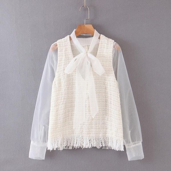 women's blouses & shirts women chic organza tweed patchwork blouse bow tie collar transparent sleeve casual shirt blusas with tassels, White 
women's blouses & shirts women chic organza tweed patchwork blouse bow tie collar transparent sleeve casual shirt blusas with tassels, White