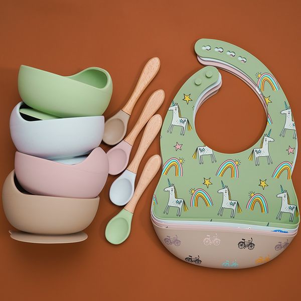 100% food approval silicone foldable baby cartoon bibs toddler feeding sucker bowl infant training spoon with wooden handle.
100% food approval silicone foldable baby cartoon bibs toddler feeding sucker bowl infant training spoon with wooden handle.