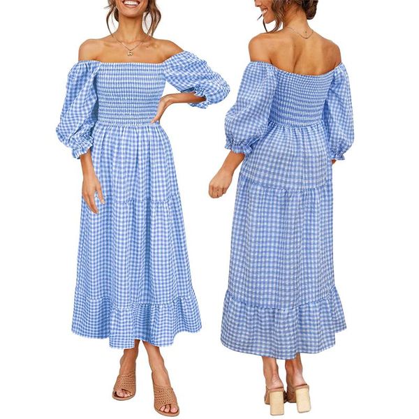 casual dresses women dress summer for 2021 bohemian off-shoulder puff sleeve plaid maxi 6 colors, Black;gray
casual dresses women dress summer for 2021 bohemian off-shoulder puff sleeve plaid maxi 6 colors, Black;gray