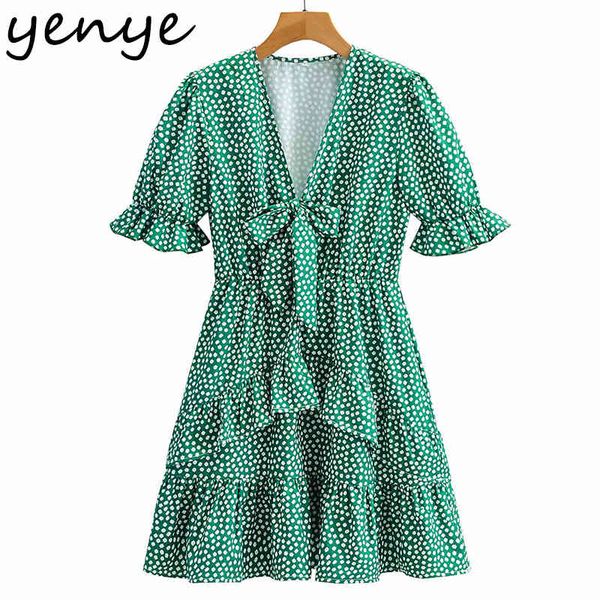 green floral print ruffle dress women bow tie v neck short sleeve a-line mini summer holiday vestido 210430, Black;gray
green floral print ruffle dress women bow tie v neck short sleeve a-line mini summer holiday vestido 210430, Black;gray