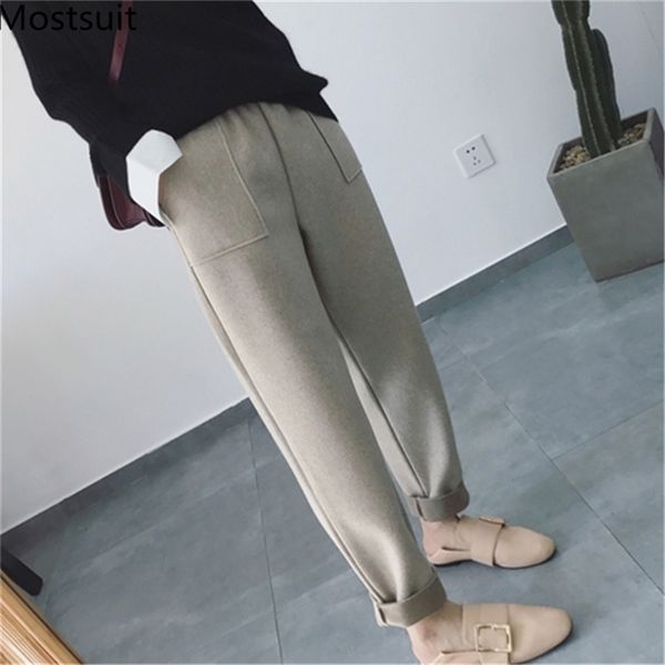 plus size autumn winter thicken high waist harem pants trousers women elastic pockets korean casual fashion warm pant 210513, Black;white 
plus size autumn winter thicken high waist harem pants trousers women elastic pockets korean casual fashion warm pant 210513, Black;white