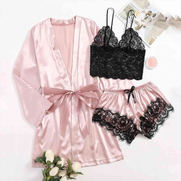 3 pcs summer pajamas womens sleepwears set satin floral lace bralette shorts lingerie female robes nightie women night suit, Black;red
3 pcs summer pajamas womens sleepwears set satin floral lace bralette shorts lingerie female robes nightie women night suit, Black;red