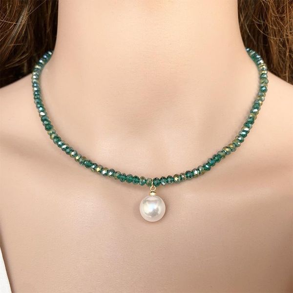 pendant necklaces simple green crystal pearl necklace for women european and american jewelry pendants accessories wholesale, Silver