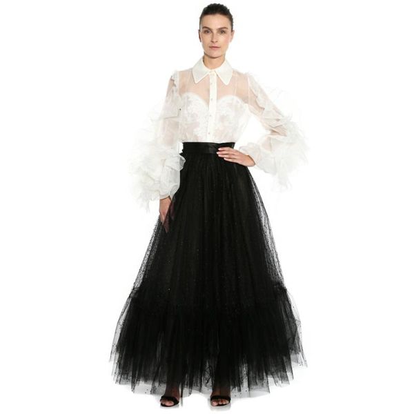 skirts small sequins embellishment 2021 pretty elegant black tulle elastic a-line long tutu women skirt custom made