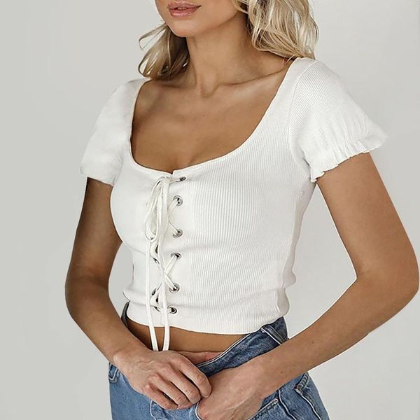 women's t shirt solid color knitted striped bandage sleeve strap camisole summer fashion casual vintage mujer, White
women's t shirt solid color knitted striped bandage sleeve strap camisole summer fashion casual vintage mujer, White