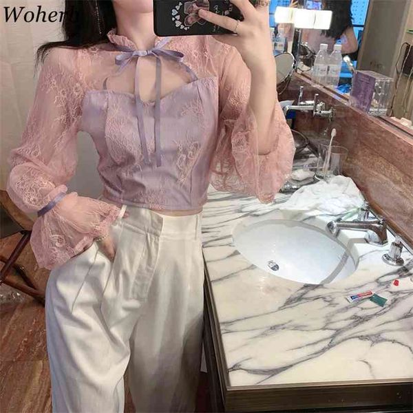 women shirt see through gauze patchwork lace bowkout lace-up stand neck hollow out flare long sleeve crop blouse 210519, White
women shirt see through gauze patchwork lace bowkout lace-up stand neck hollow out flare long sleeve crop blouse 210519, White