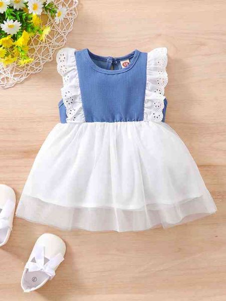 baby eyelet embroidery ruffle trim mesh hem dress she, Red;yellow
