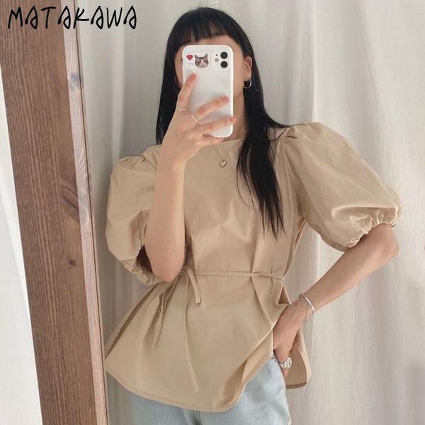 women's blouses & shirts matakawa summer korean retro chic lace up slim waist round neck solid lantern sleeve blouse women short blusas, White
women's blouses & shirts matakawa summer korean retro chic lace up slim waist round neck solid lantern sleeve blouse women short blusas, White
