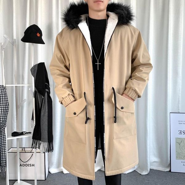 men's trench coats style high-end warmth cotton jackets/male slim fit hooded thickening coats/man long casual jackets, Tan;black