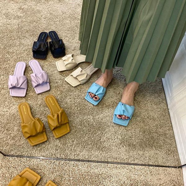 wrinkle solid open toe sandals women comfy flat heels flip flops fairy style square anti-skid folds candy sandalias femme, Black