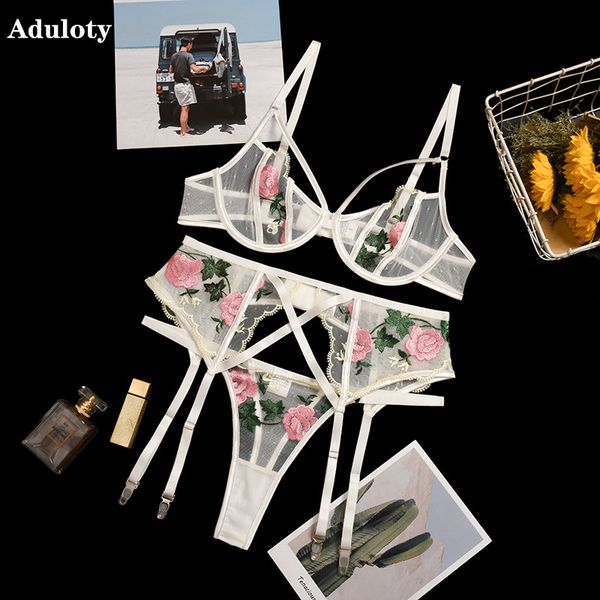 new womens embroidered lace underwear set underwire gathered bra garter belt mesh gauze see-through thong lingerie set, Black;white
new womens embroidered lace underwear set underwire gathered bra garter belt mesh gauze see-through thong lingerie set, Black;white