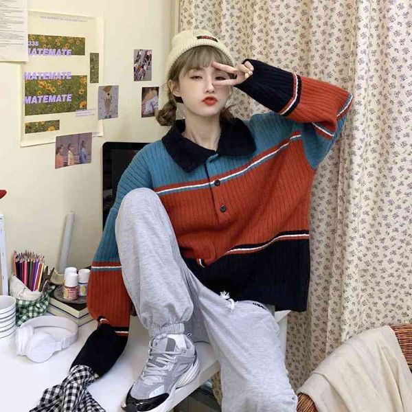 werueruyu winter vintage polo collar colorblock knitted cardigan women pullover oversized striped sweater coat jumpers 210608, White;black
werueruyu winter vintage polo collar colorblock knitted cardigan women pullover oversized striped sweater coat jumpers 210608, White;black