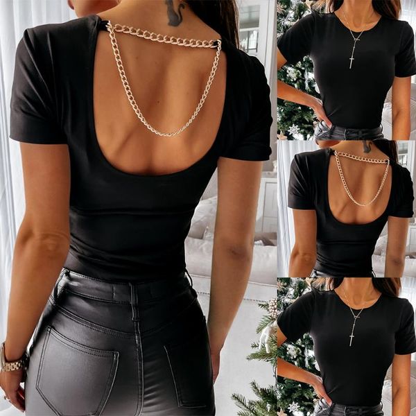 women's t-shirt women short sleeve backless chain round neck solid color tee slim fit ladies black t shirts summer for female 2021 d30, White
women's t-shirt women short sleeve backless chain round neck solid color tee slim fit ladies black t shirts summer for female 2021 d30, White