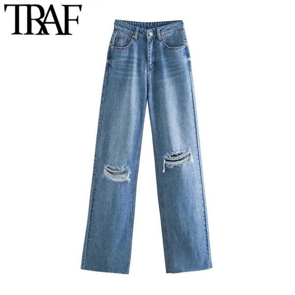 traf women chic fashion ripped hole wide leg jeans vintage high waist zipper fly denim pants female trousers mujer 210927, Blue
traf women chic fashion ripped hole wide leg jeans vintage high waist zipper fly denim pants female trousers mujer 210927, Blue