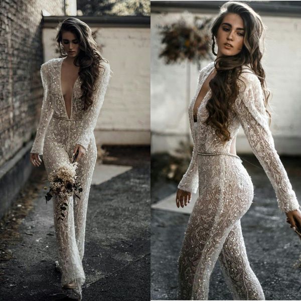 bohemian 2021 jumpsuits wedding dresses lace appliqued bridal gowns deep v neck beaded crystal boho robes de mariée, White
bohemian 2021 jumpsuits wedding dresses lace appliqued bridal gowns deep v neck beaded crystal boho robes de mariée, White