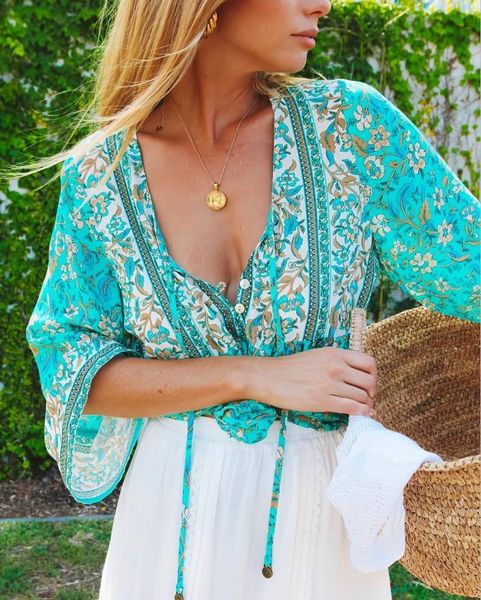 green floral summer tassel tie blouse women buttons cotton bohemian gypsy laidies holiday women's blouses & shirts, White
green floral summer tassel tie blouse women buttons cotton bohemian gypsy laidies holiday women's blouses & shirts, White