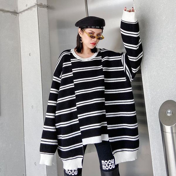 women's sweaters johnature casual striped long knitted women 2021 spring o-neck fashion irregular loose pullover, White;black
women's sweaters johnature casual striped long knitted women 2021 spring o-neck fashion irregular loose pullover, White;black