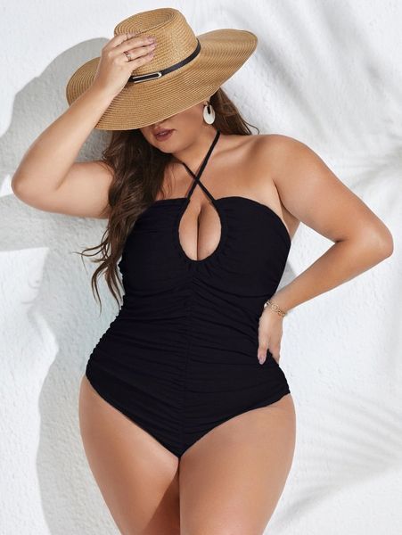 plus lace up one piece swimsuit r6oy#, Black