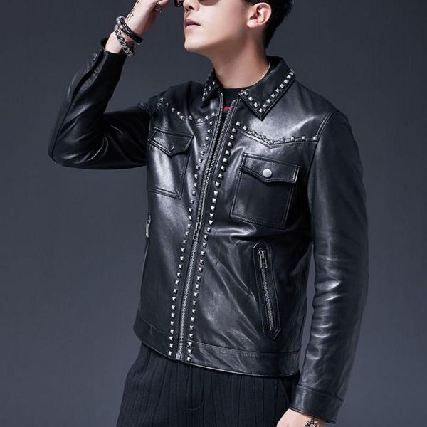 men's leather & faux luxury designer mens sheepskin genuine punk rivet jacket slim fit beading motor biker coats chaqueta cuero hombre, Black
men's leather & faux luxury designer mens sheepskin genuine punk rivet jacket slim fit beading motor biker coats chaqueta cuero hombre, Black