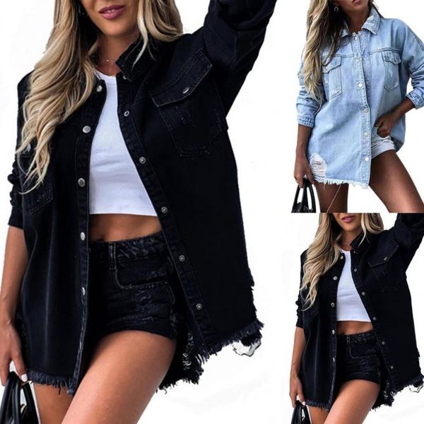 women's jackets vintage women denim coat solid color ripped autumn winter single-breasted turndown collar irregular hem plus size shirt, Black;brown
women's jackets vintage women denim coat solid color ripped autumn winter single-breasted turndown collar irregular hem plus size shirt, Black;brown