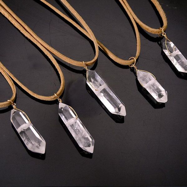 clear quartz crystal point necklace, double terminated stone natural leather necklace chokers, Golden;silver
clear quartz crystal point necklace, double terminated stone natural leather necklace chokers, Golden;silver