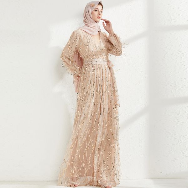 women's runway dress v neck long sleeves sequined tassels sash belt fashion party prom maxi dresses, Black
women's runway dress v neck long sleeves sequined tassels sash belt fashion party prom maxi dresses, Black