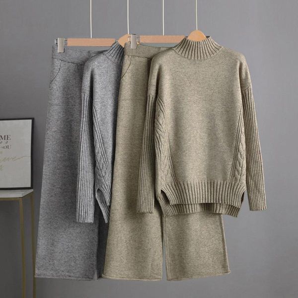 women's two piece pants autumn winter women 2 sets soft oversized crop cable twist sweaters cashmere knitted wide leg suits, White
women's two piece pants autumn winter women 2 sets soft oversized crop cable twist sweaters cashmere knitted wide leg suits, White