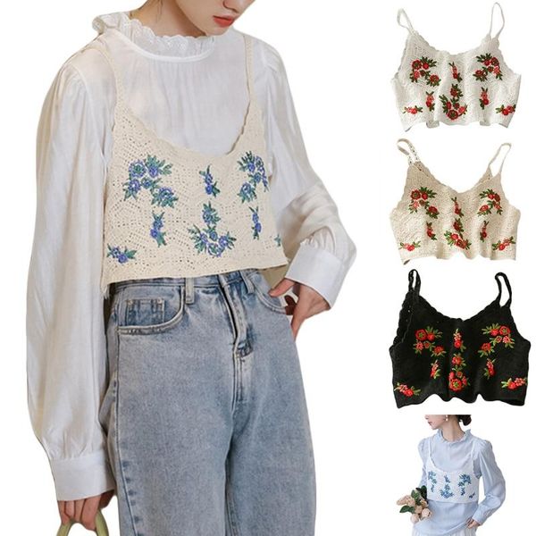 women's swimwear women vintage crochet knitted camisole floral embroidery sleeveless crop bralette bohemian beach bikini bustier vest, White;black
women's swimwear women vintage crochet knitted camisole floral embroidery sleeveless crop bralette bohemian beach bikini bustier vest, White;black