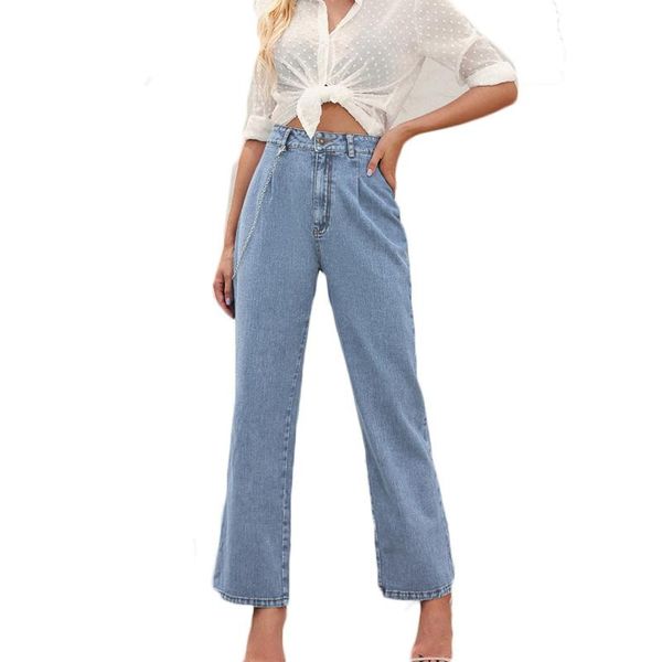 women's high-waist casual loose large size nine-point jeans super thin straight blue pants 30161 
women's high-waist casual loose large size nine-point jeans super thin straight blue pants 30161