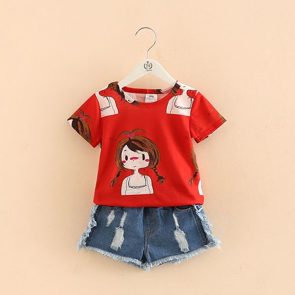 girls clothing set o-neck sleeveless 2021 summer 2-10 years old kids girl red cartoon t shirt+denim jeans shorts 2 pcs suit set, White;black
girls clothing set o-neck sleeveless 2021 summer 2-10 years old kids girl red cartoon t shirt+denim jeans shorts 2 pcs suit set, White;black