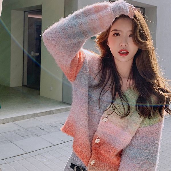 knits gradient mohair rainbow oversized cardigan sweater coat long sleeve v-neck single breasted knitted top, White
knits gradient mohair rainbow oversized cardigan sweater coat long sleeve v-neck single breasted knitted top, White