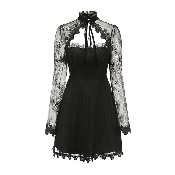 black long sleeve stand collar lace up a line mini dress elegant d1682 210514, Black;gray
black long sleeve stand collar lace up a line mini dress elegant d1682 210514, Black;gray