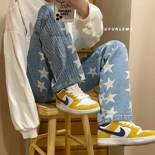 men's jeans autumn star print jean pants japan style patchwork denim male straight loose hip hop streetwear baggy trousers, Blue
men's jeans autumn star print jean pants japan style patchwork denim male straight loose hip hop streetwear baggy trousers, Blue