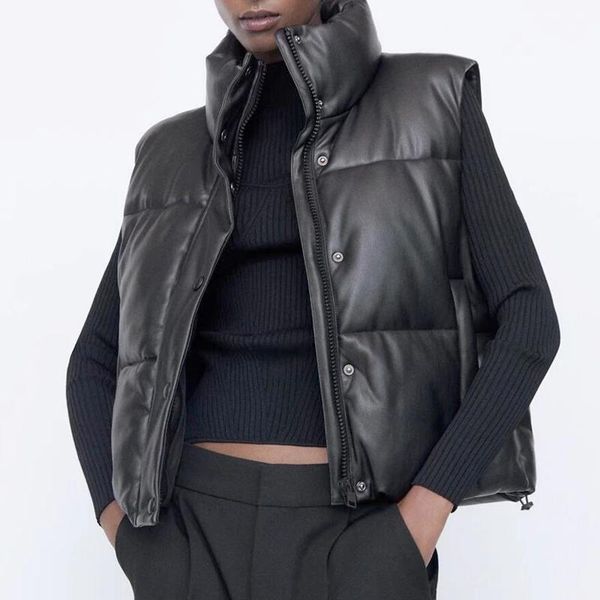 women's vests 2021 women black warm faux leather vest coat casual zipper sleeveless jacket female short cotton outwear, Black;white
women's vests 2021 women black warm faux leather vest coat casual zipper sleeveless jacket female short cotton outwear, Black;white