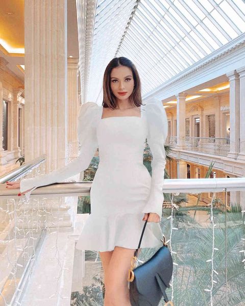 dress new square collar white long puff sleeve elegant celebrity club party high street bandage dresses, Black;gray
dress new square collar white long puff sleeve elegant celebrity club party high street bandage dresses, Black;gray