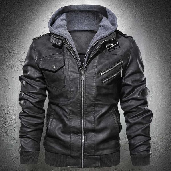 men autumn leather jacket hooded motorcycle jacket pu faux leather fashion punk style jacket male casual fall leather coat 210928, Black
men autumn leather jacket hooded motorcycle jacket pu faux leather fashion punk style jacket male casual fall leather coat 210928, Black